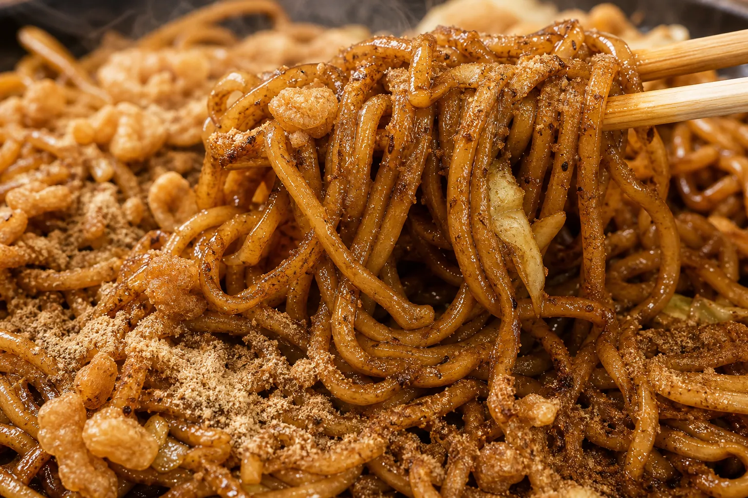 Close-up of Fujinomiya yakisoba with fish powder and meat scraps
