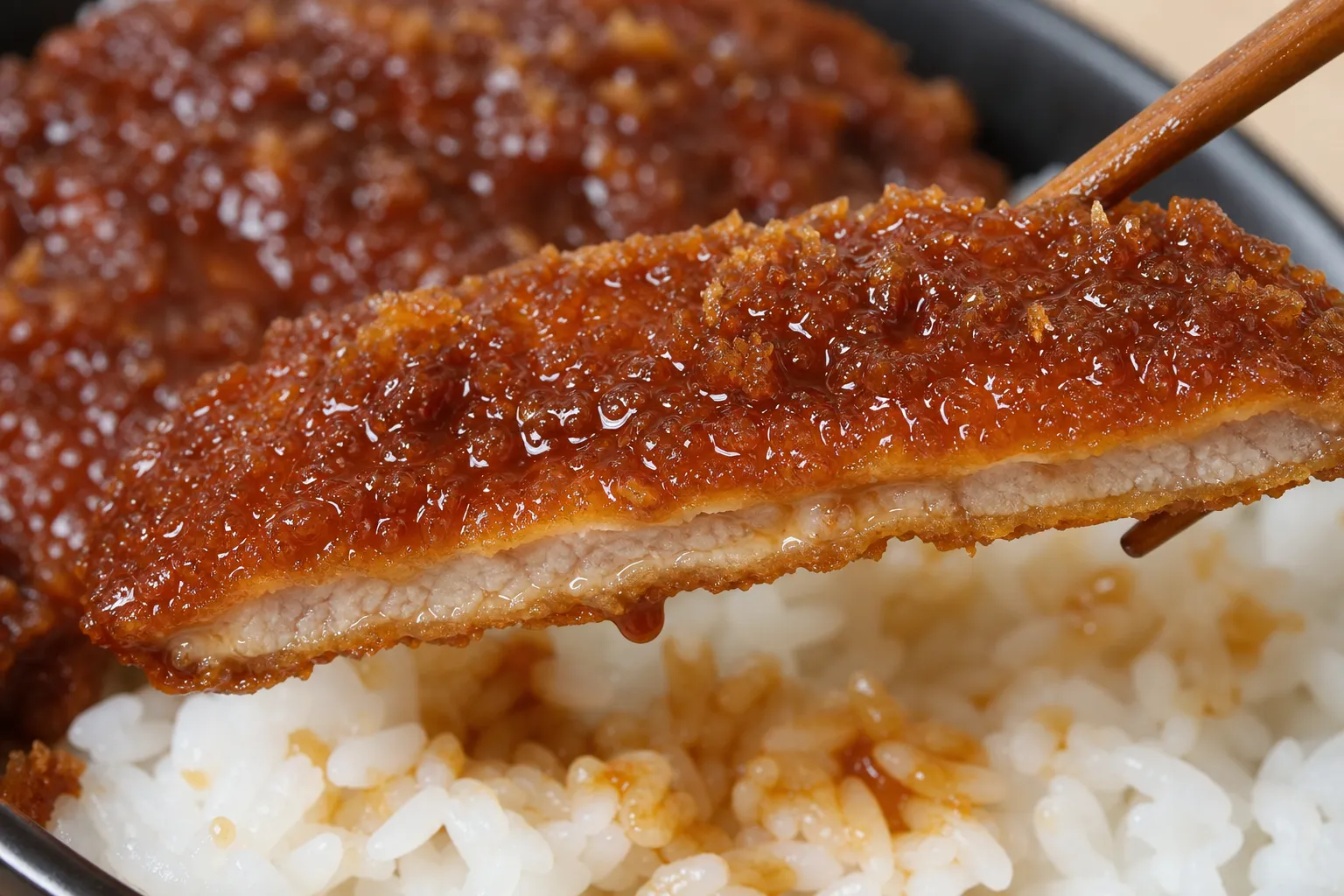 Close-up of the sauce-dipped thin cutlet over rice