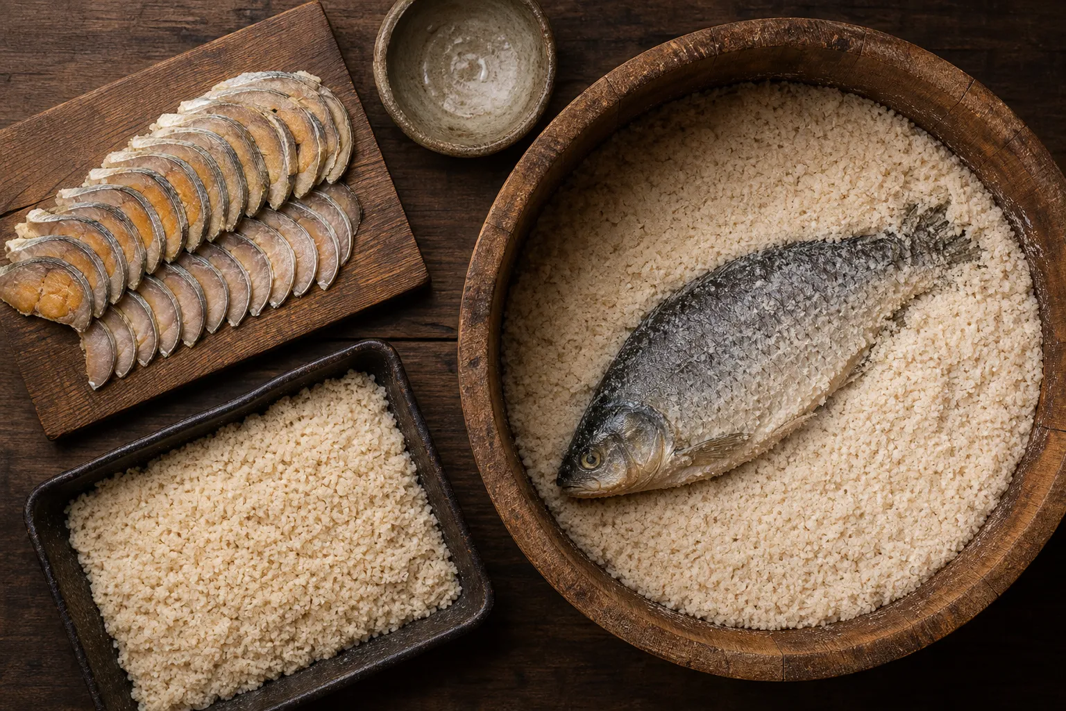 Packing carp in salt and rice for fermentation