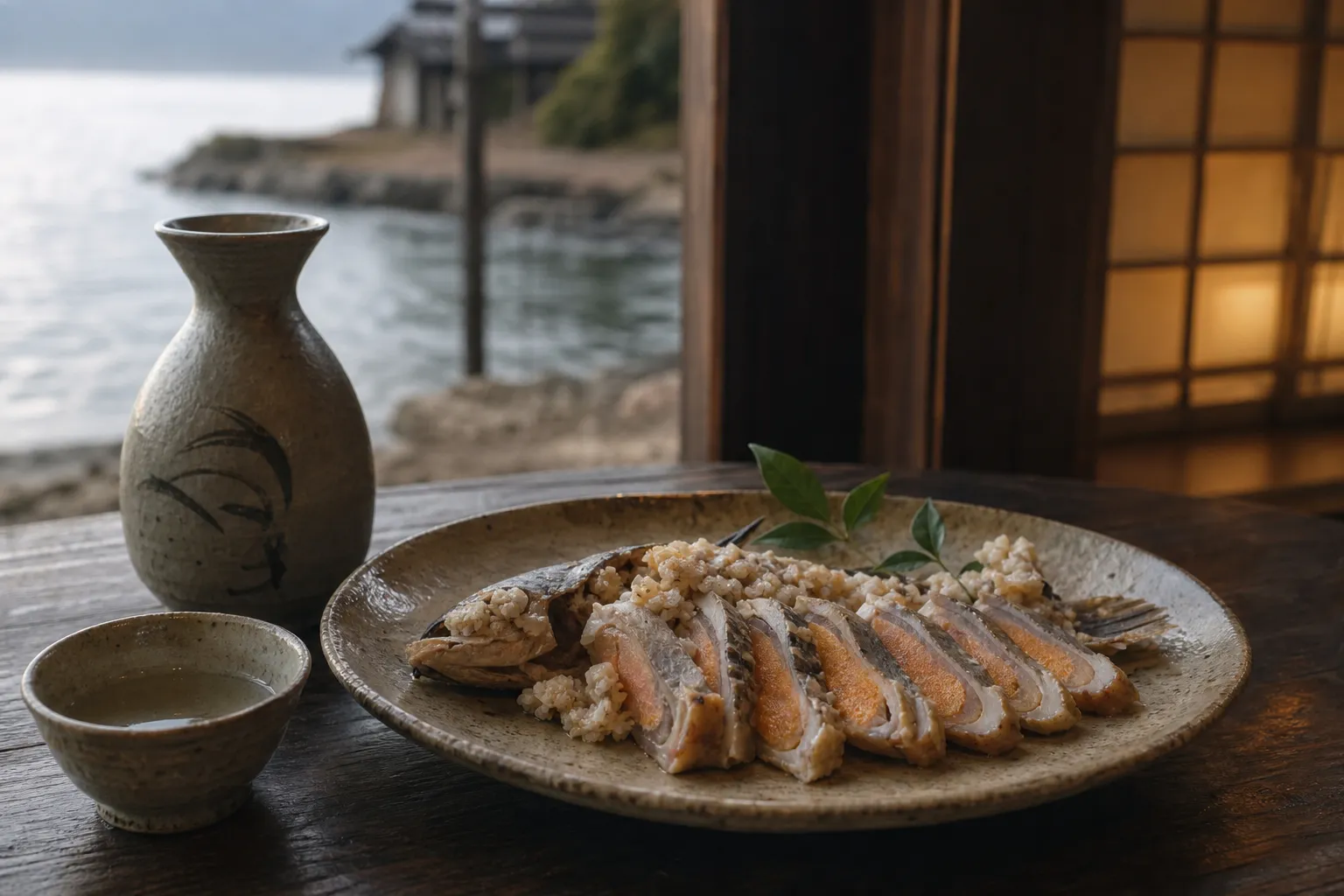 Funazushi served with sake at a Lake Biwa establishment