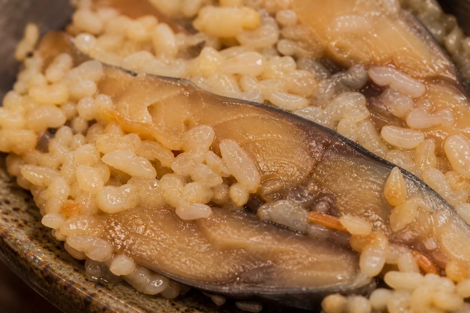 Thin amber slices of funazushi with clingy fermented rice