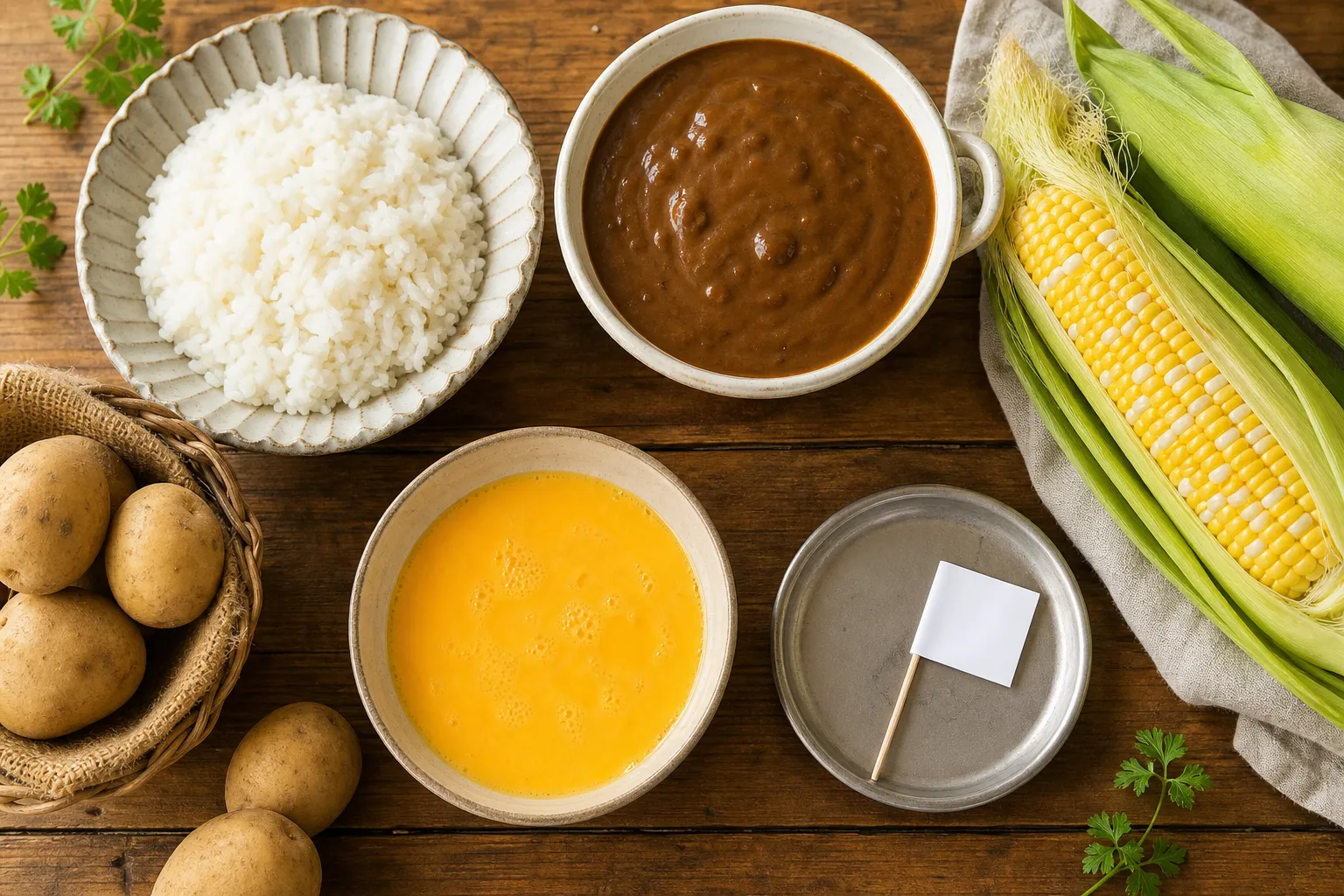 Flat lay of Furano omu-curry ingredients: rice, a bowl of curry sauce, beaten eggs, corn on the cob, small potatoes, and a paper flag