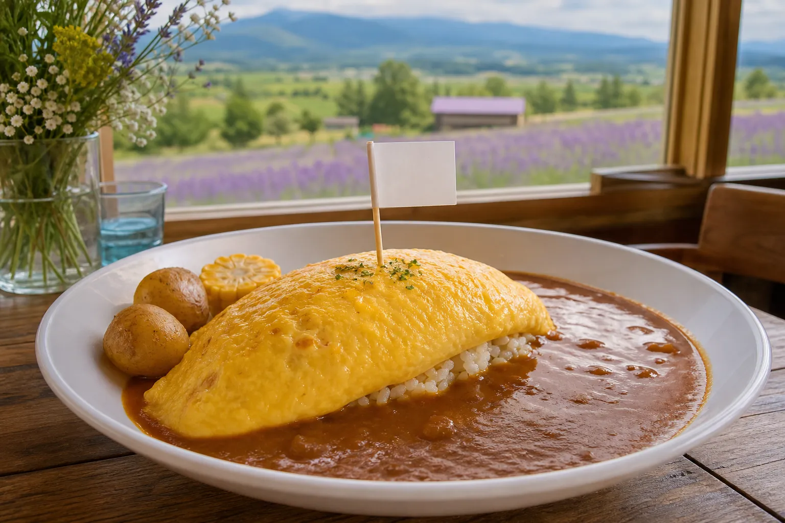 A plate of Furano omu-curry with a small paper flag, corn, and potato, in front of a countryside window view in Furano