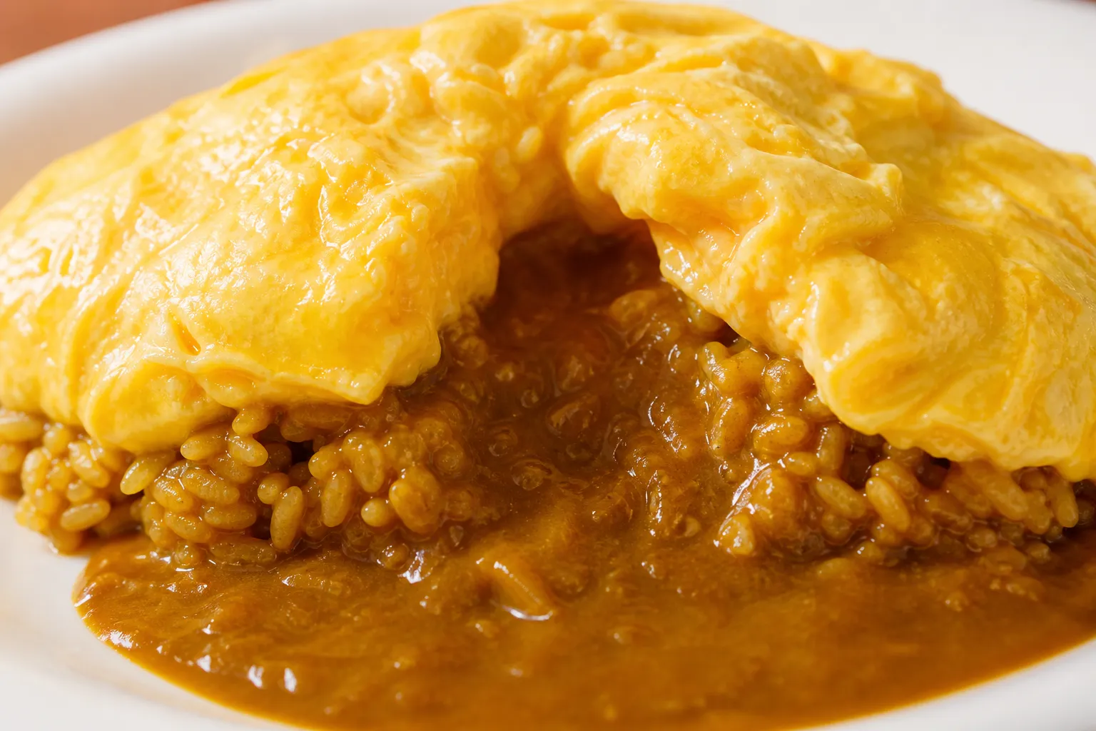 Close-up of a Furano omu-curry omelette cut open with curry sauce flowing out onto the rice