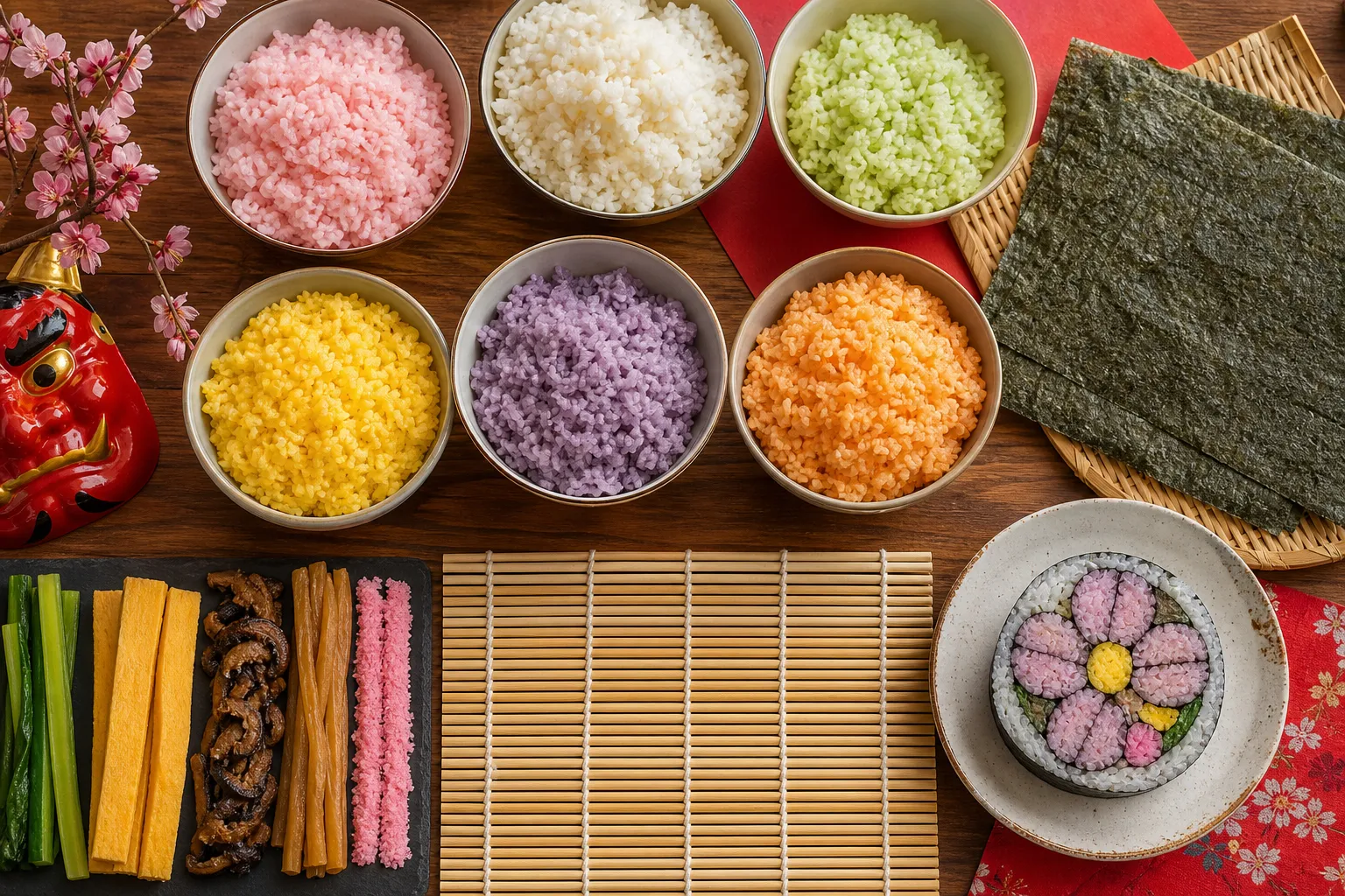 Arranging tinted rice and fillings to build the pattern