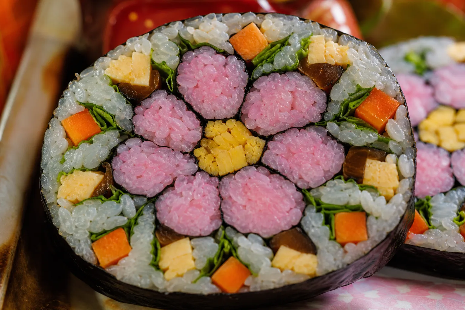 Close-up of the flower pattern in a sliced futomaki matsuri-zushi