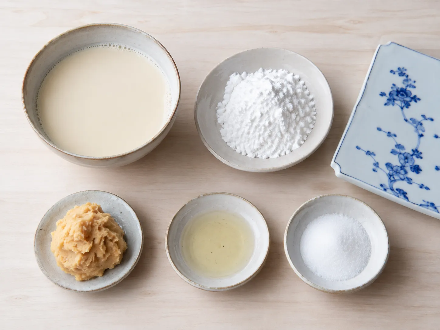 Flat lay of godofu ingredients: soy milk, kudzu starch, white miso, rice vinegar and sugar beside white Arita porcelain