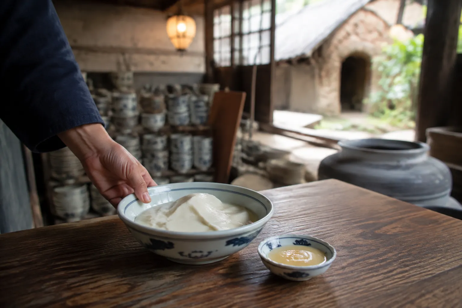 A bowl of soft white godofu served on white Arita porcelain in a pottery-town home in Saga