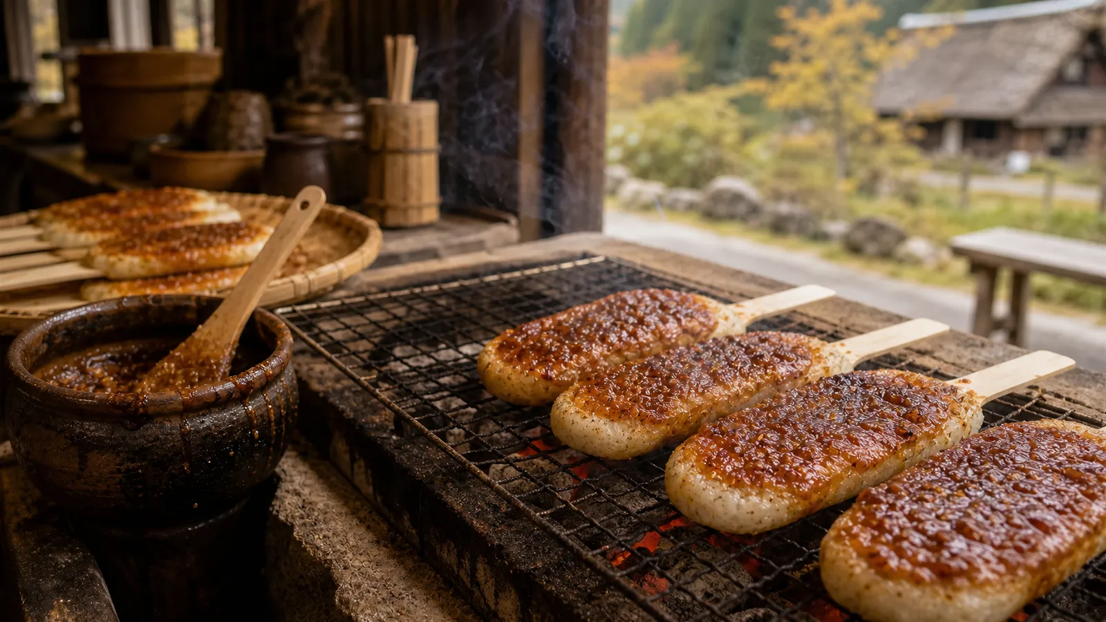 Gohei-mochi served in a typical setting