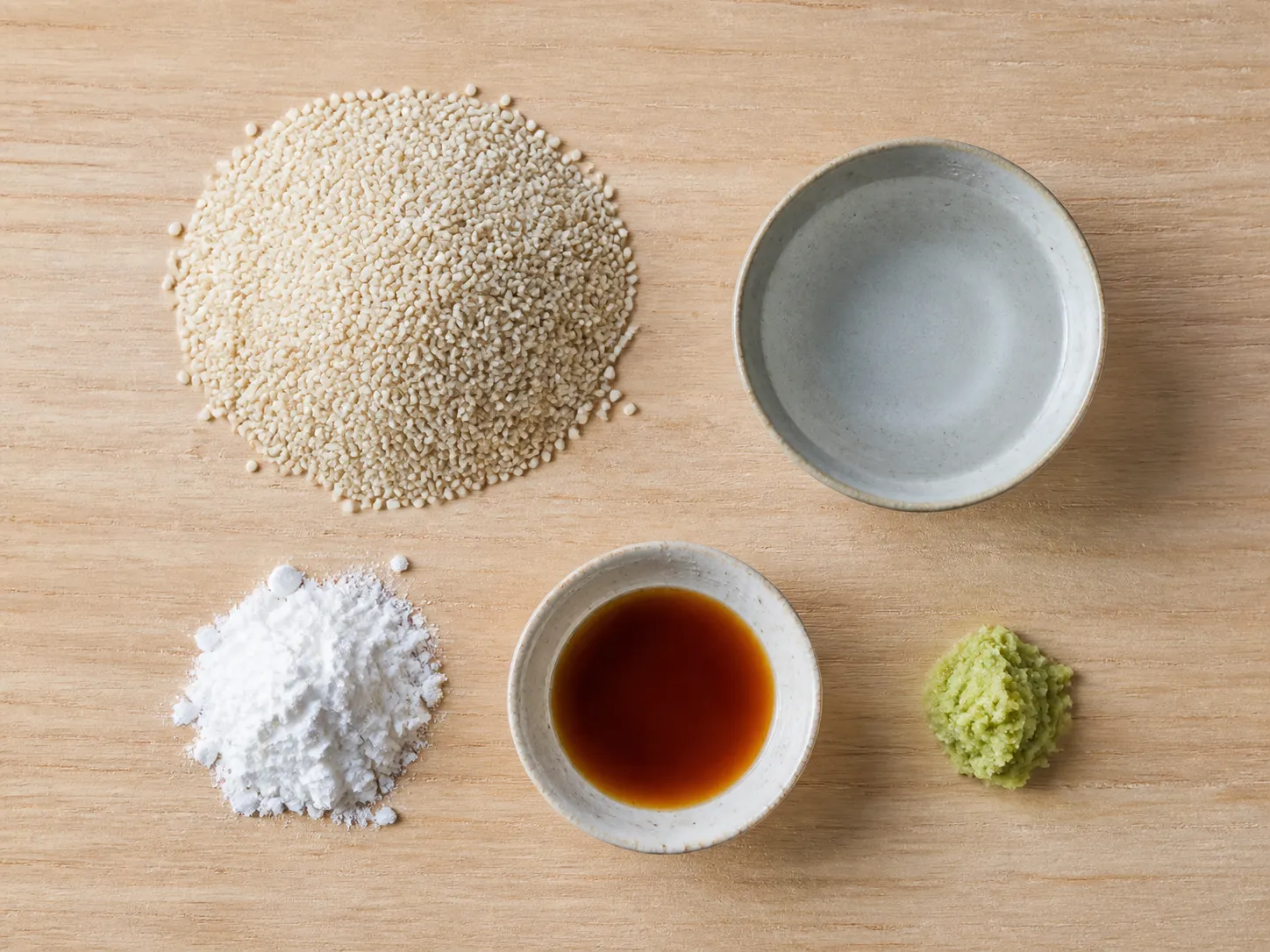 Flat lay of goma-dofu ingredients: raw white sesame seeds, kudzu starch, water, light soy sauce and grated wasabi