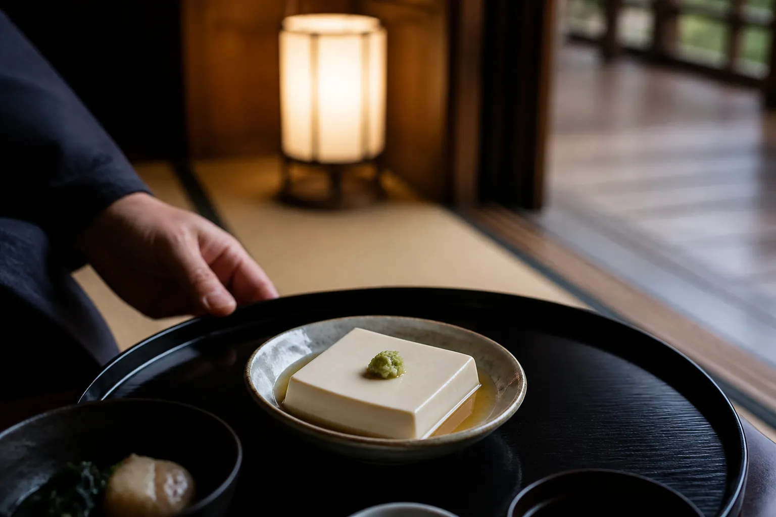 A small plate of goma-dofu on a black lacquer tray as part of a shojin ryori meal at a Koyasan temple lodging