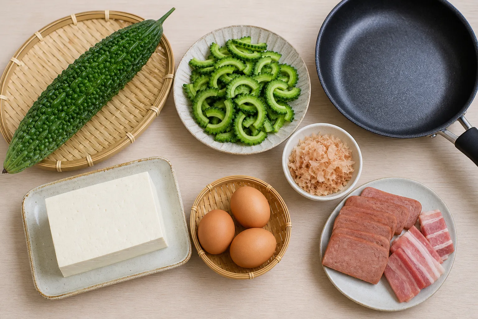 Sliced bitter melon, island tofu, eggs and pork laid out to make goya chanpuru