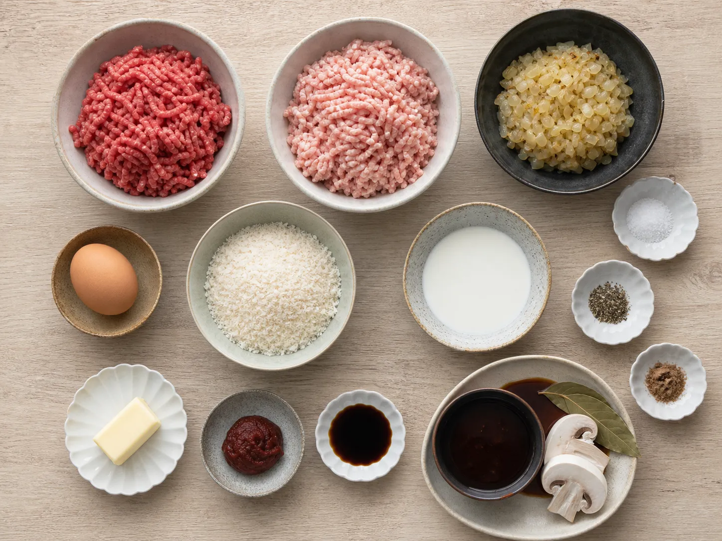 A top-down arrangement of beef, pork, onion, egg, panko, milk and seasonings used to make Japanese hamburg steak