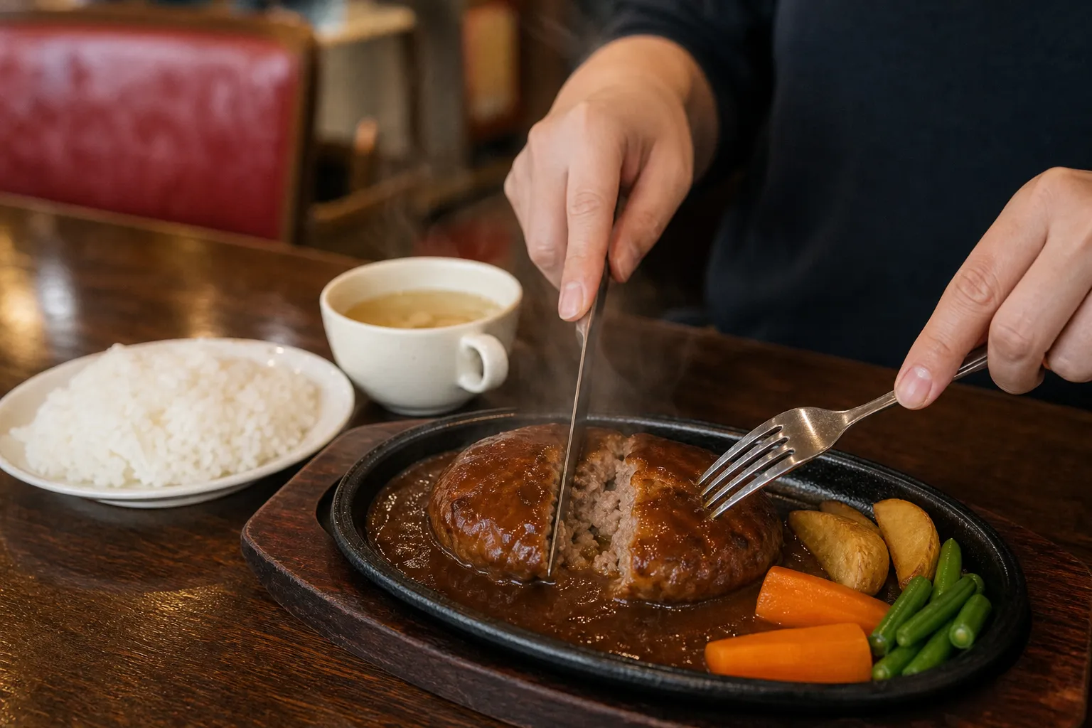 A diner cutting into a sizzling Japanese hamburg steak with demi-glace at a cozy yoshoku restaurant