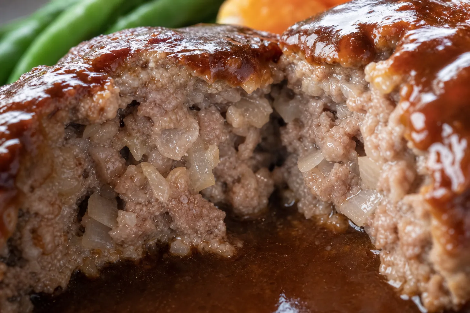 A close-up of Japanese hamburg steak showing its juicy beef-and-pork interior, sautéed onion and glossy demi-glace