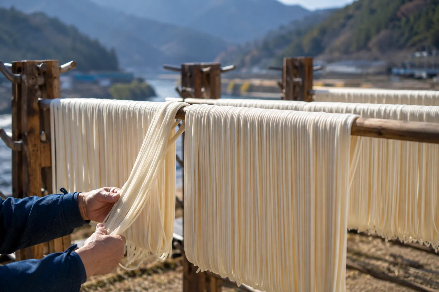 Thick somen strands hanging to dry on outdoor wooden racks in the Handa river valley of Tokushima