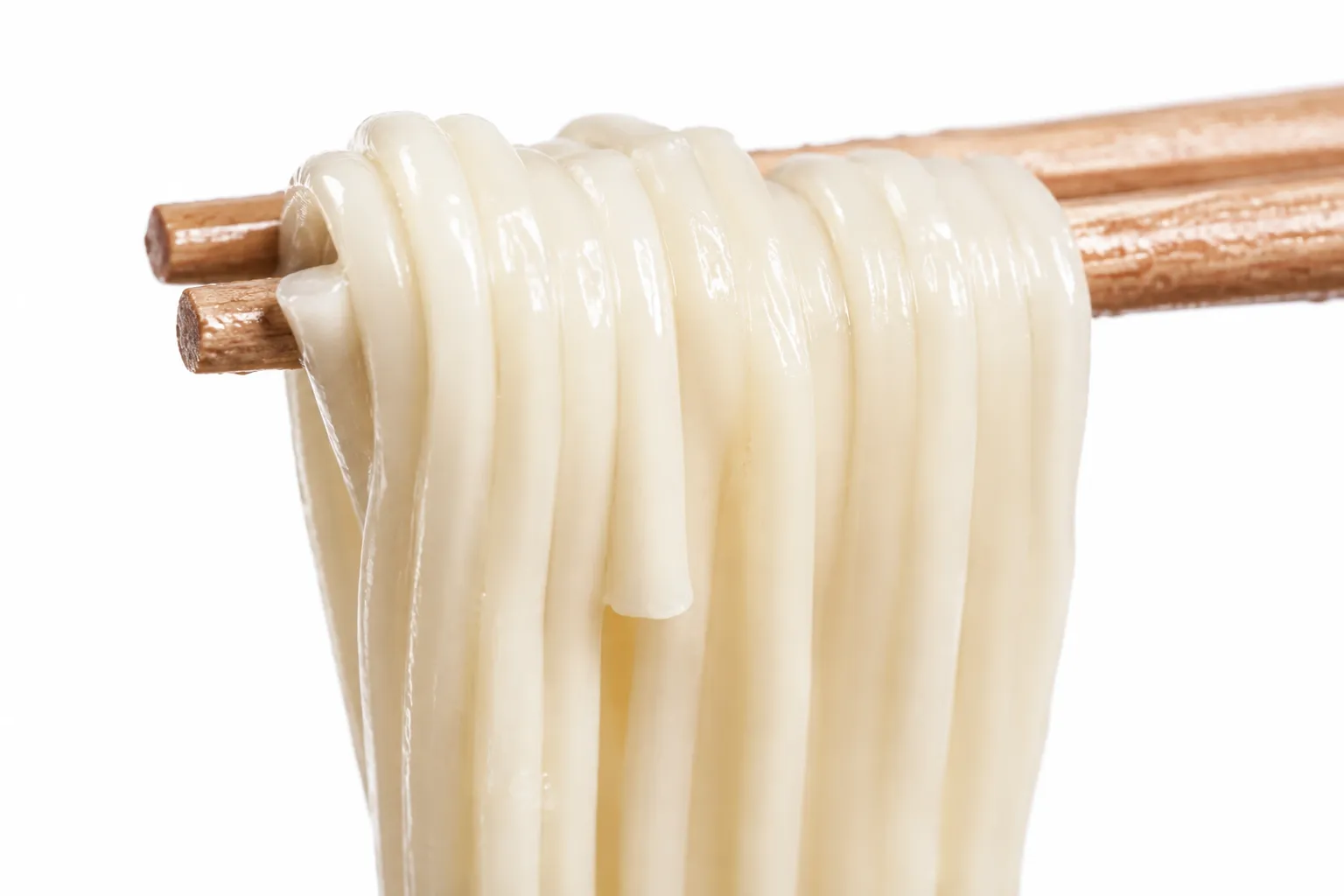 Close-up of thick round handa somen strands lifted on chopsticks, glossy with cold water