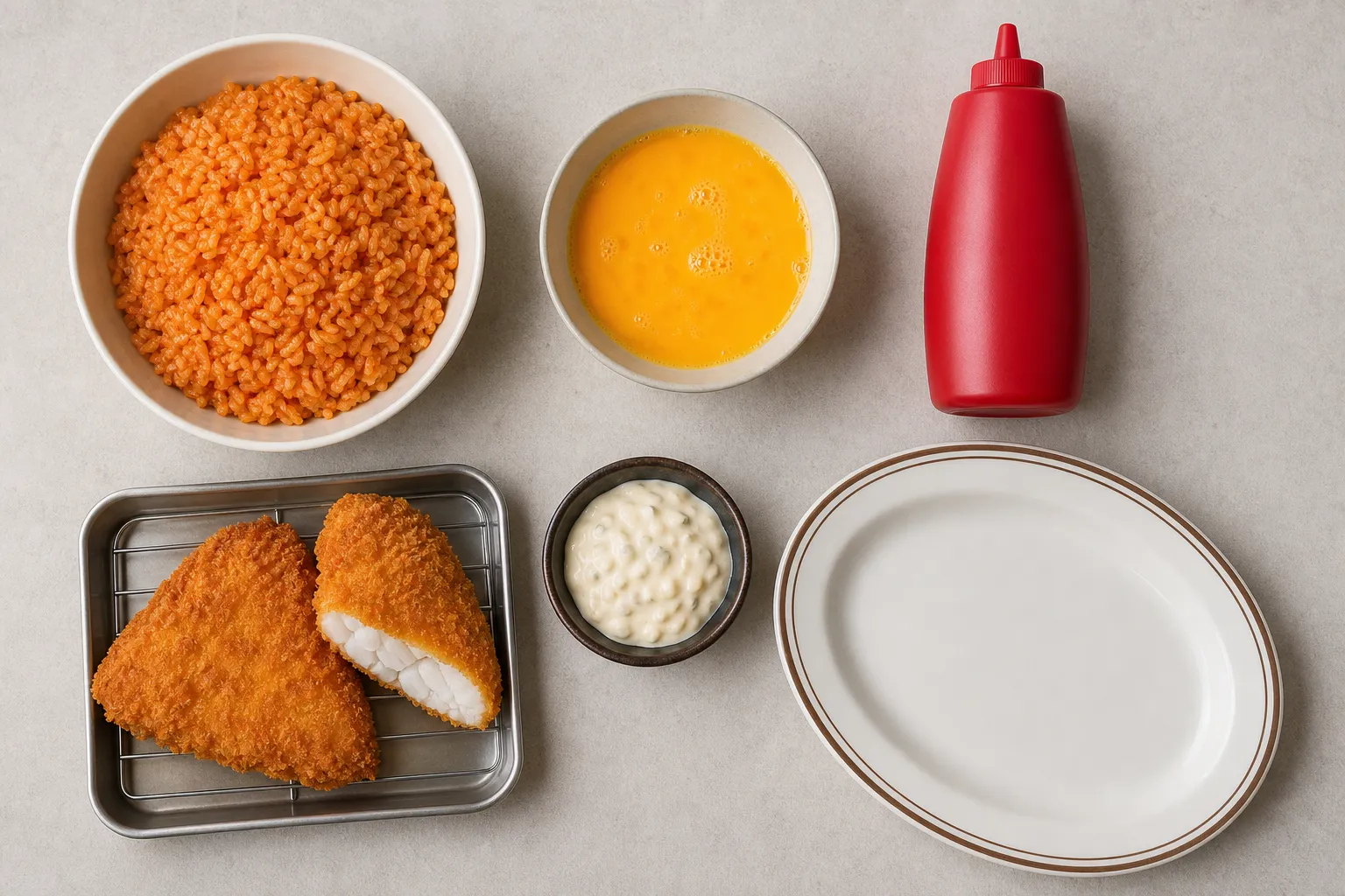 Ingredients for hanton rice laid out: ketchup fried rice, beaten eggs, breaded white fish or shrimp ready to fry, ketchup, and tartar sauce