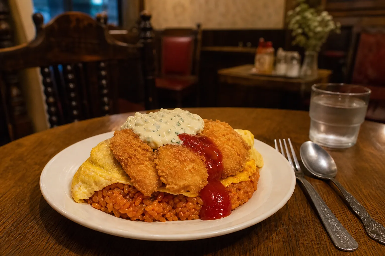 A plate of hanton rice on a table at a retro Kanazawa yoshoku diner, ketchup rice under an omelette topped with fried fish and tartar sauce