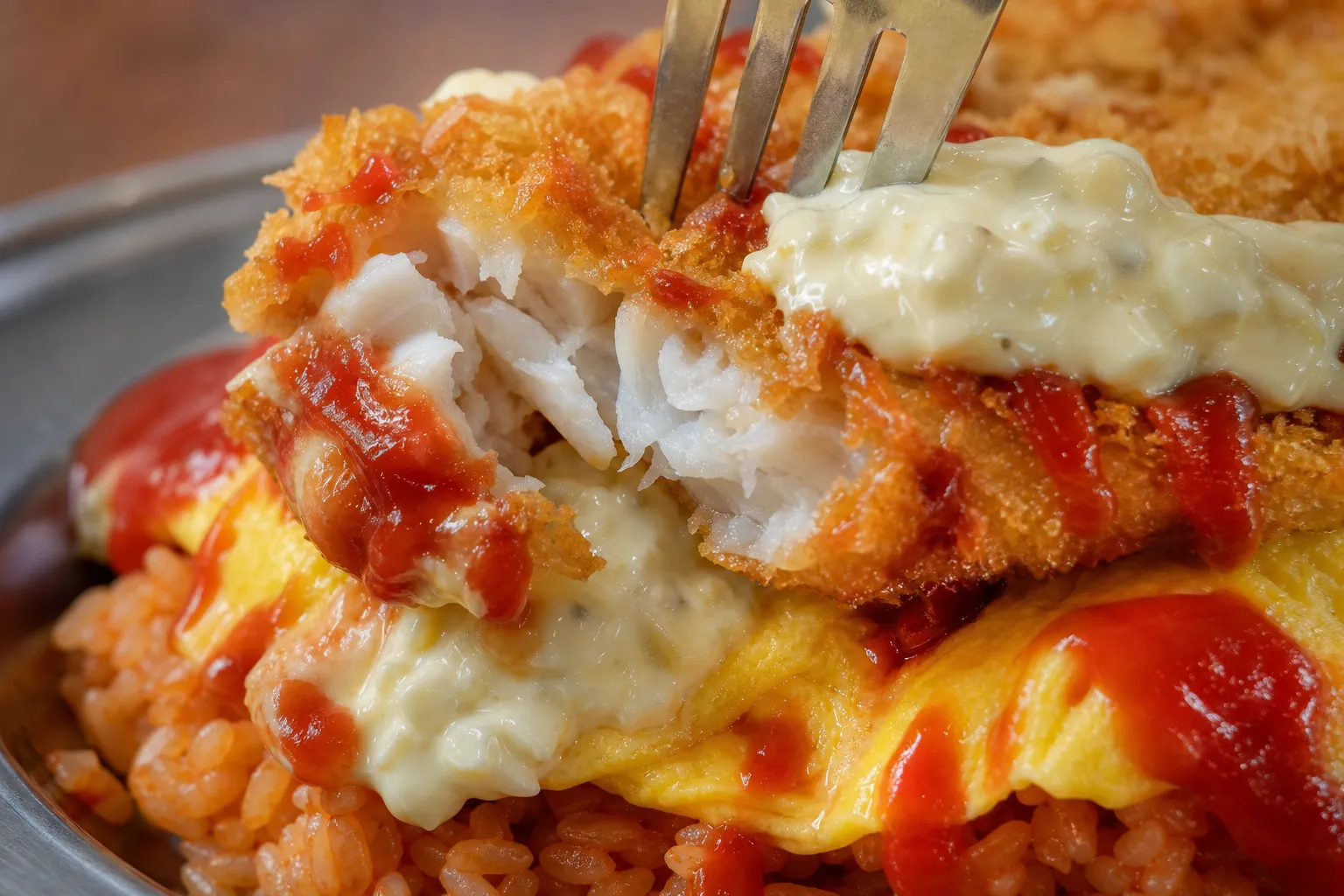 Close-up of hanton rice showing the layers: ketchup rice, thin omelette, fried white fish, ketchup and tartar sauce on top