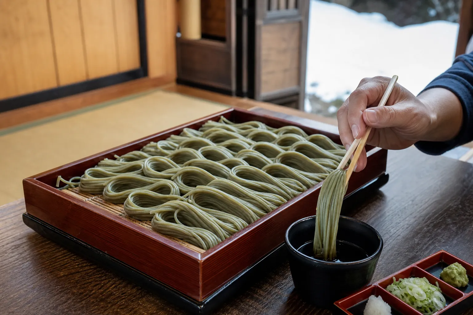 Hegi soba served on its long wooden tray in a Niigata shop