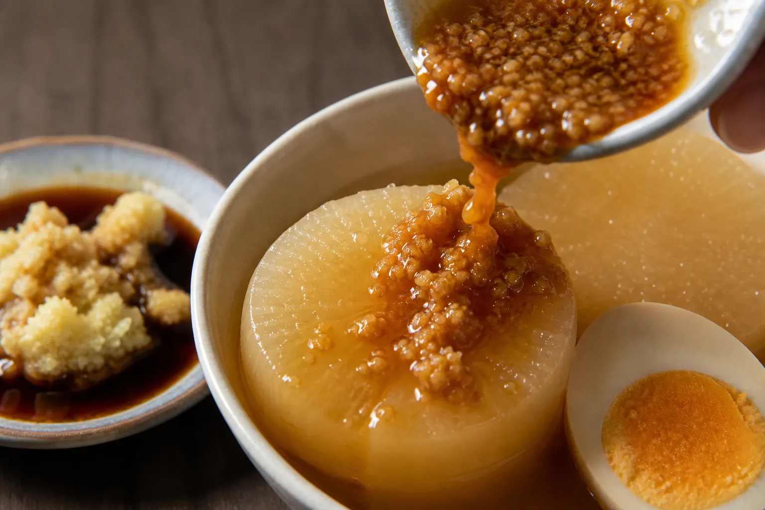Close-up of oden ingredients with ginger soy sauce dip