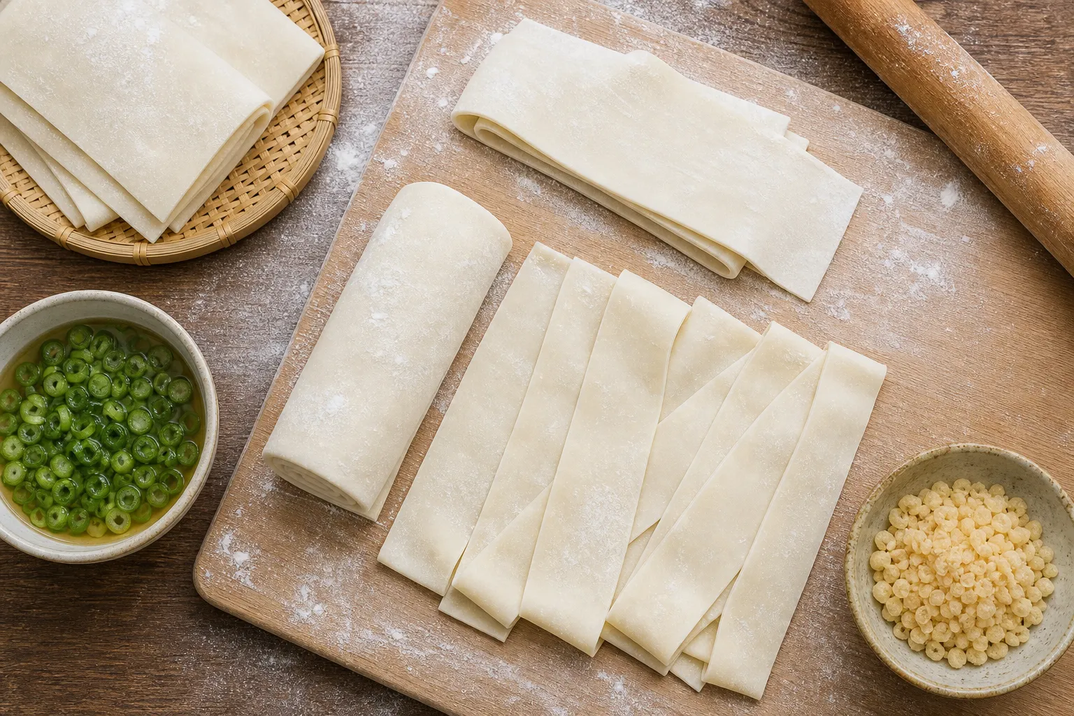 Wheat dough rolled wide and thin to make himokawa udon