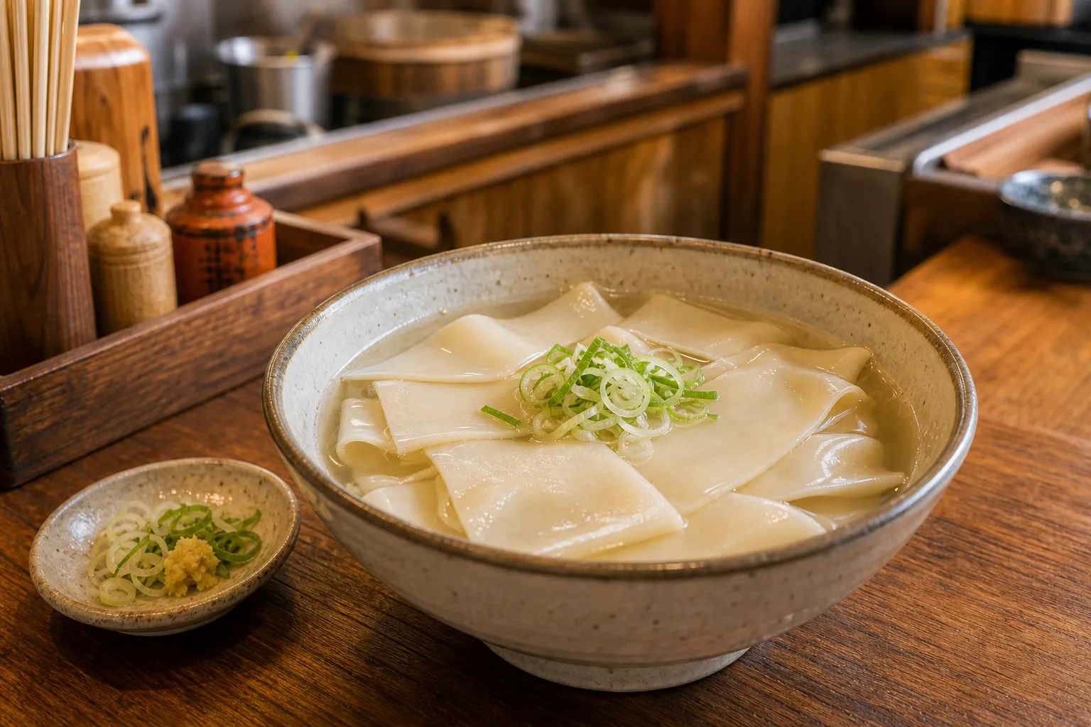 Himokawa udon's wide ribbon noodles served in hot broth in Kiryu