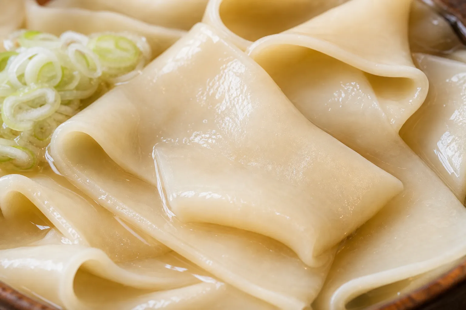 Close-up of the wide, thin ribbon texture of himokawa udon