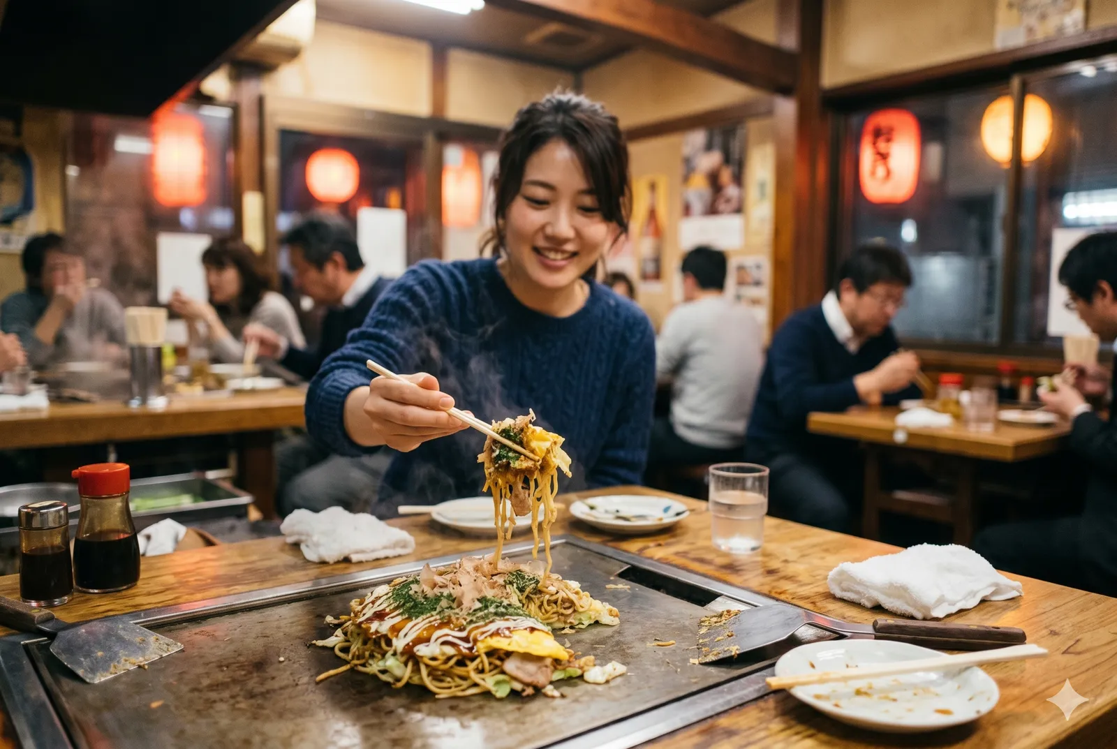 Hiroshima-style Okonomiyaki served in a typical setting