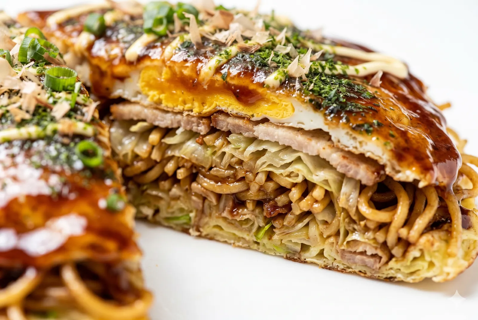 Close-up of Hiroshima-style Okonomiyaki