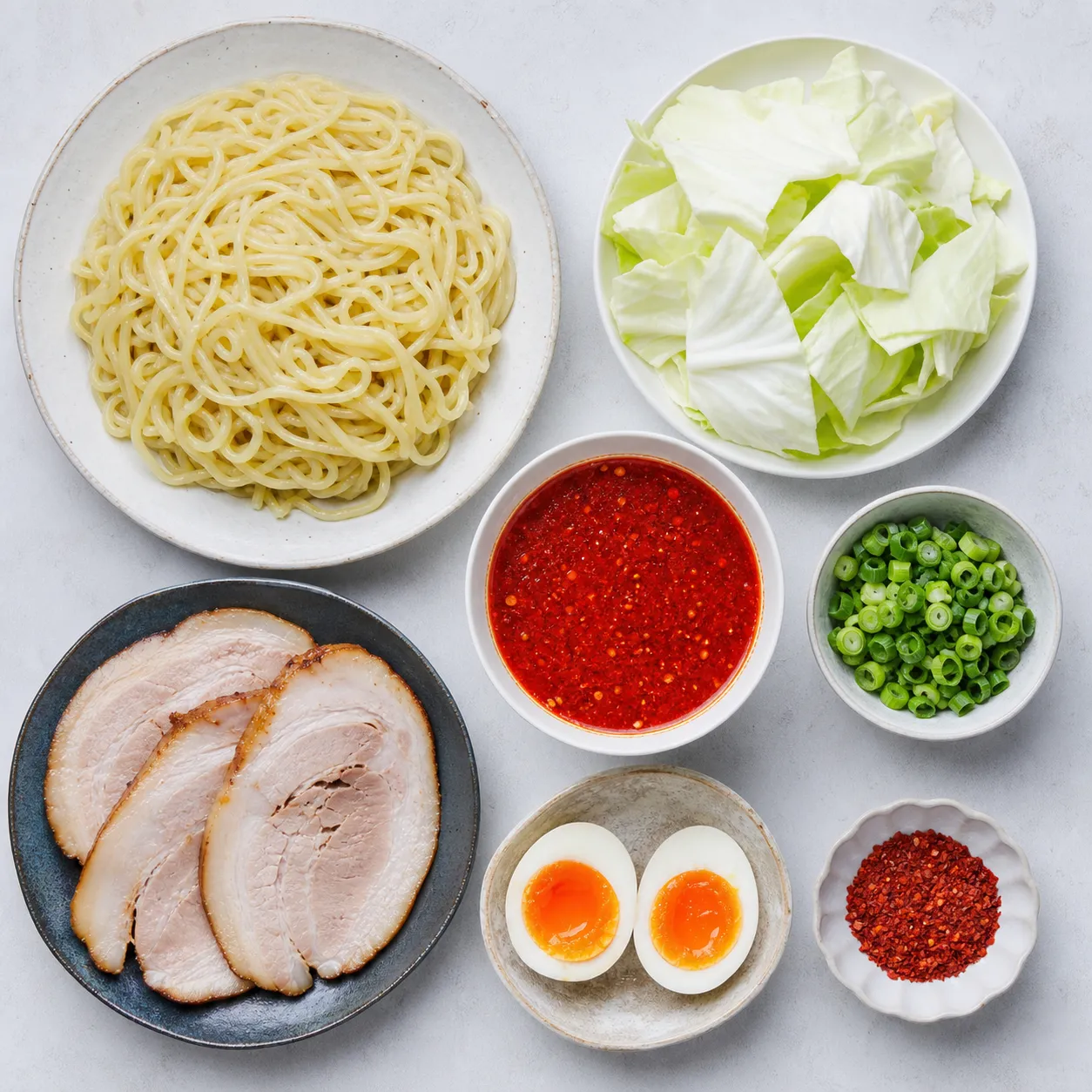 Ingredients for Hiroshima Tsukemen: chilled noodles, vegetables, chashu, and red spicy dipping sauce