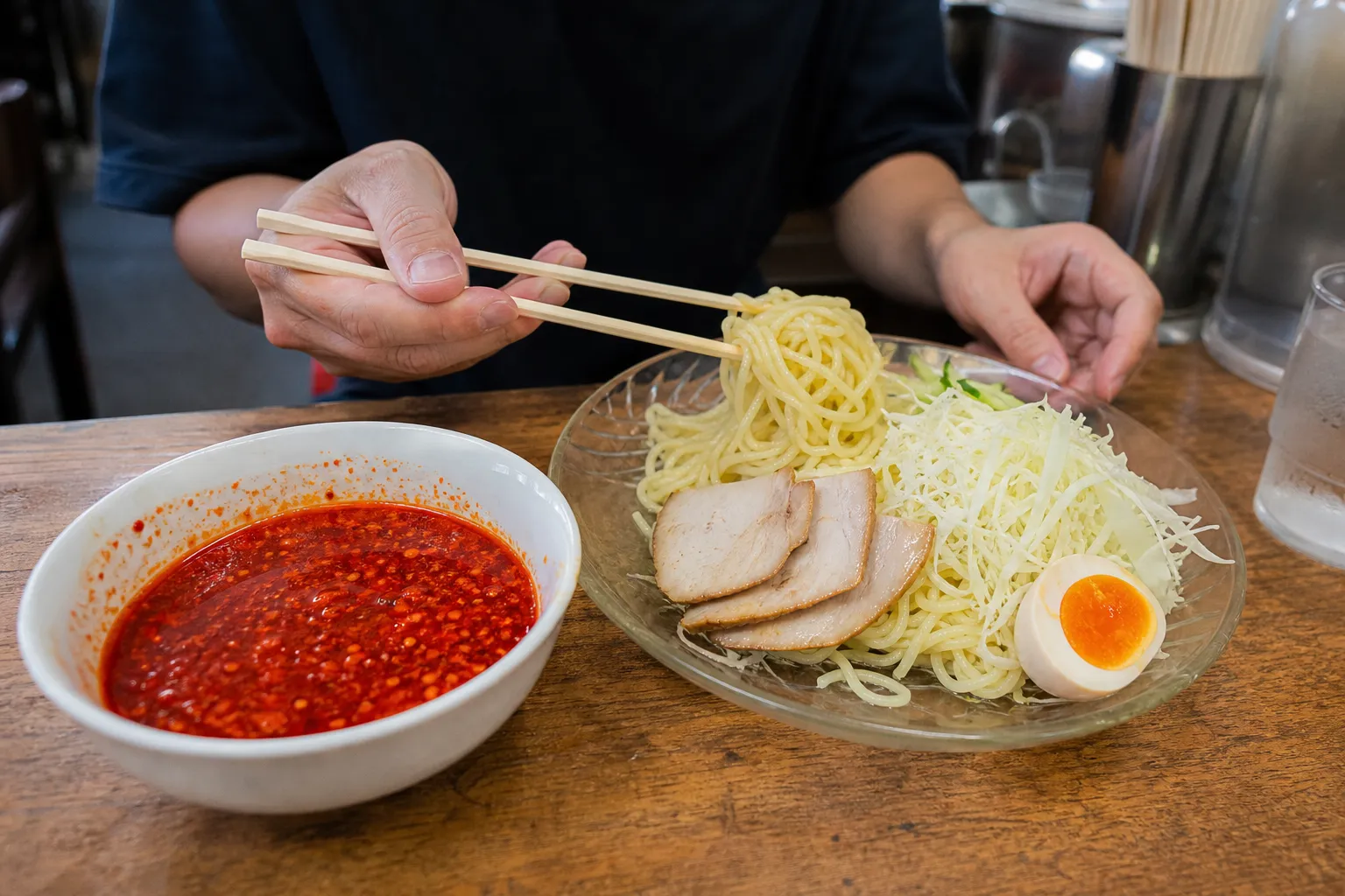 A bowl of Hiroshima Tsukemen with cold noodles and spicy dipping sauce