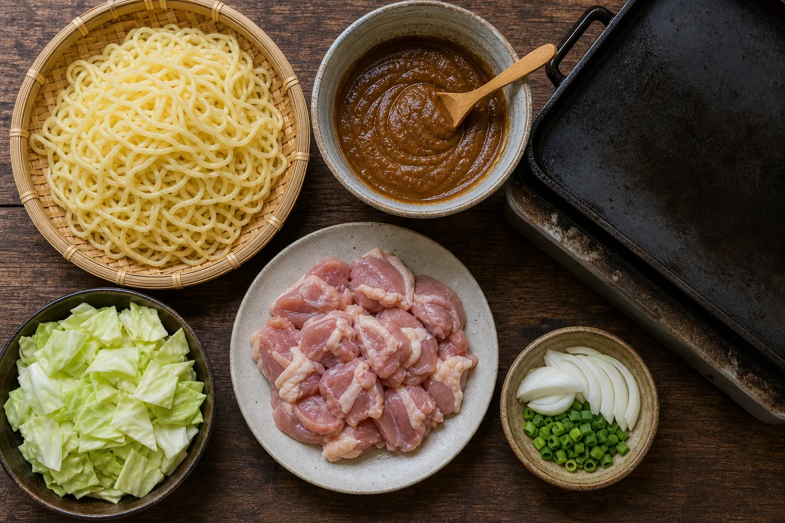 The ingredients and griddle-cooking of Hiruzen yakisoba