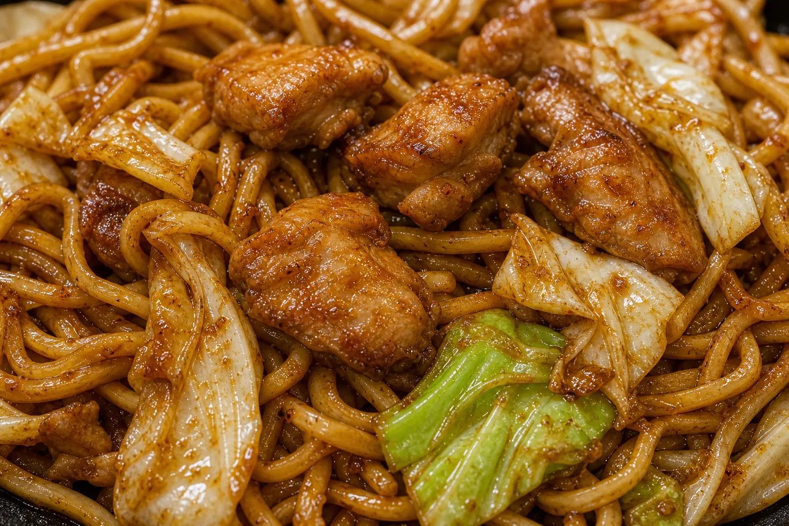 Close-up of Hiruzen yakisoba noodles glossy with dark garlic-miso dare, chicken and cabbage