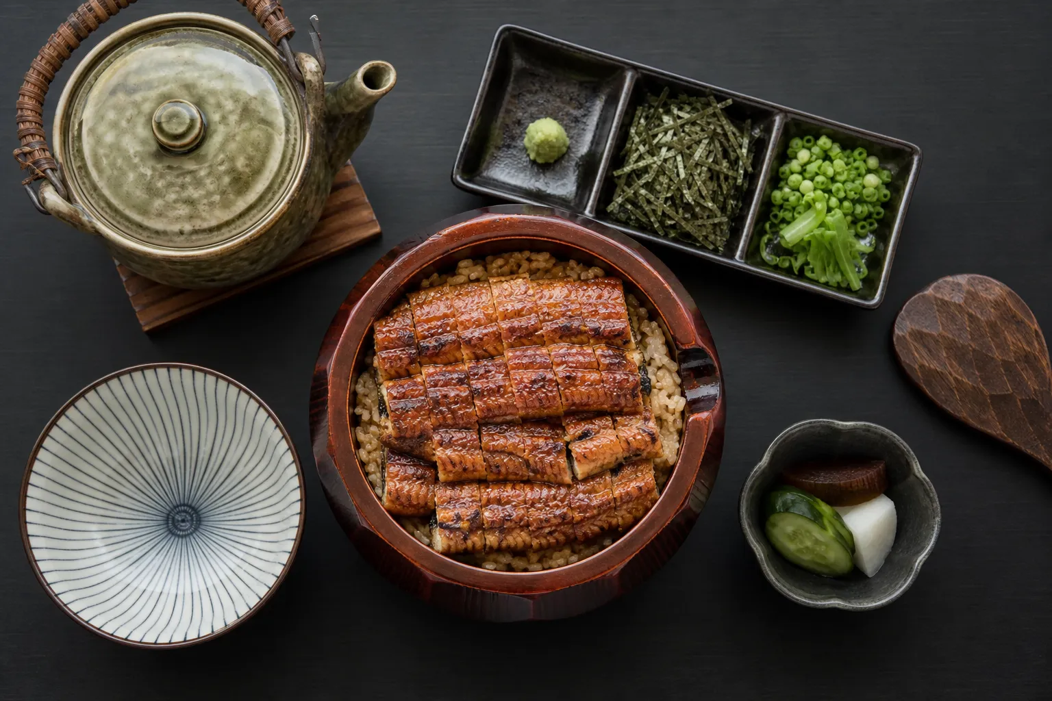 The hitsumabushi set: rice tub, condiments, and dashi pot for the three-way ritual