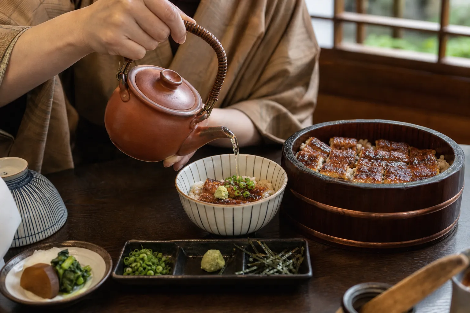 Hitsumabushi being eaten as ochazuke at a traditional Nagoya eel restaurant