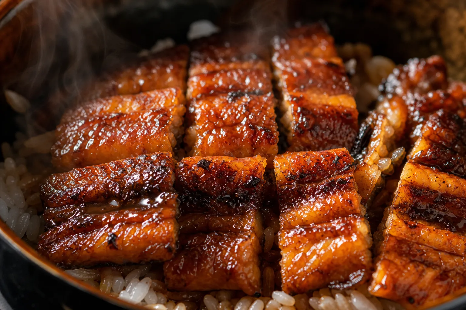 Close-up of glossy charcoal-grilled eel strips over rice