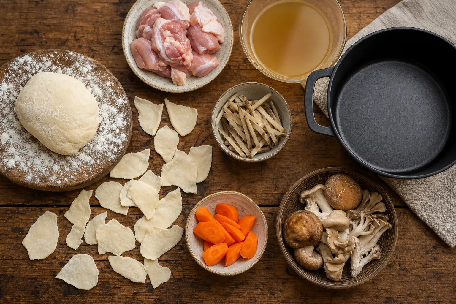 Making hittsumi — tearing wheat dough by hand into the simmering pot