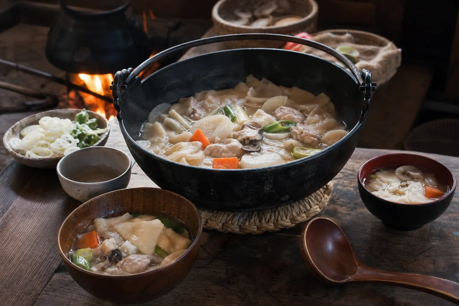A bowl of hittsumi in a rustic Iwate winter setting