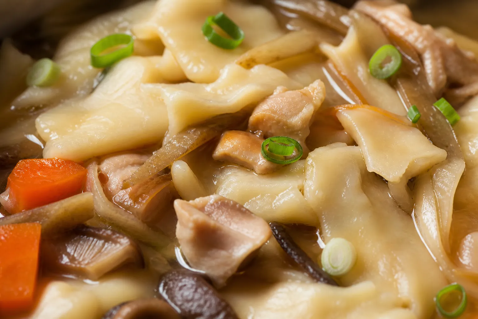 Close-up of hand-torn hittsumi dough pieces and vegetables in clear broth