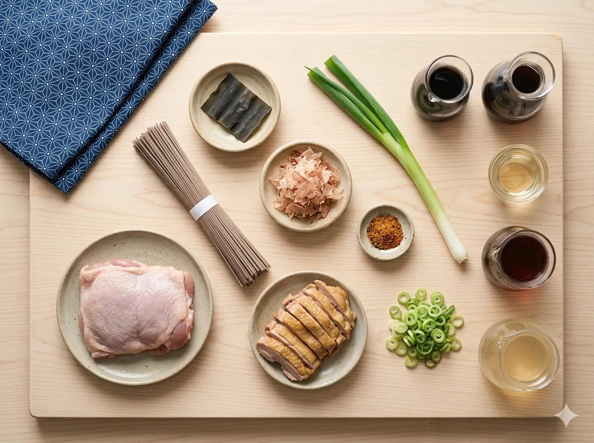 Flat lay of hiyashi niku soba ingredients: buckwheat soba, thin-sliced meat, soy, mirin, green onion and daikon