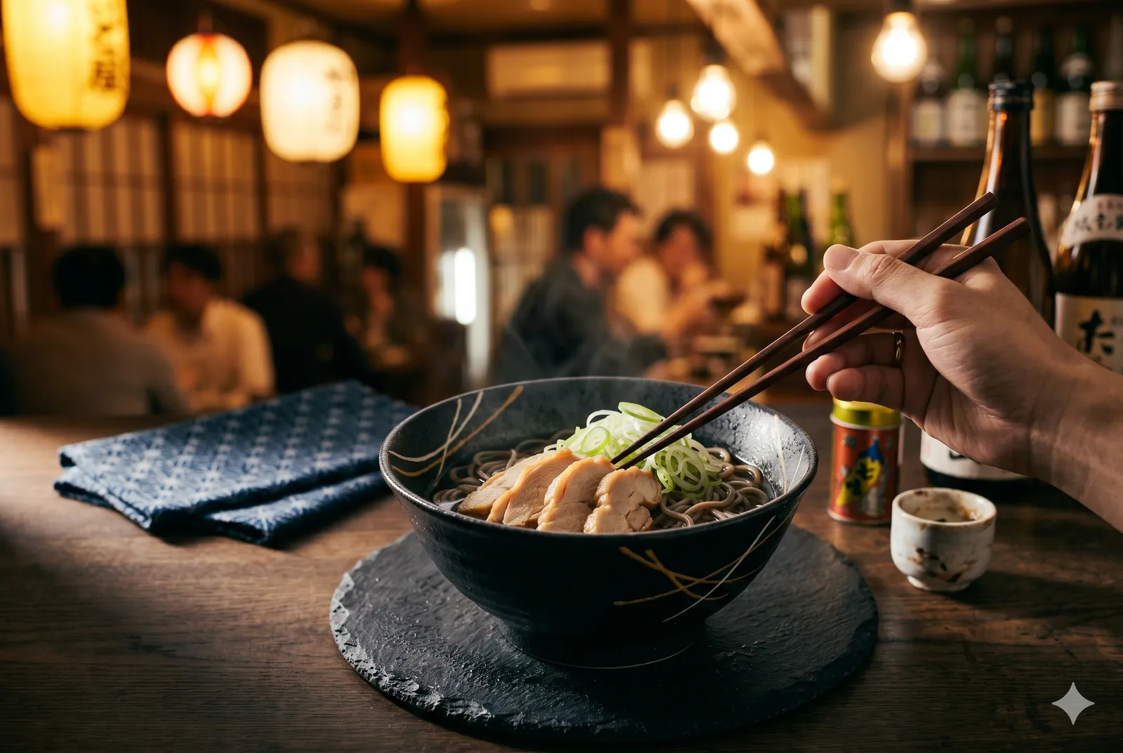 A bowl of hiyashi niku soba on a table at a Yamagata soba shop on a hot summer day
