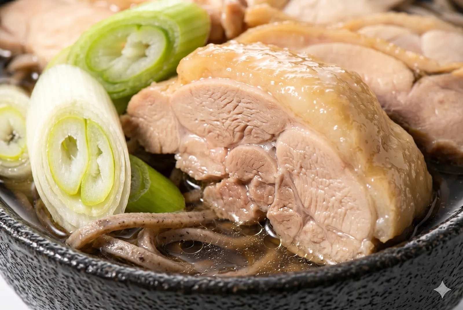 Close-up of chilled soba noodles topped with thin simmered meat, green onion and grated daikon in cold soy-dashi