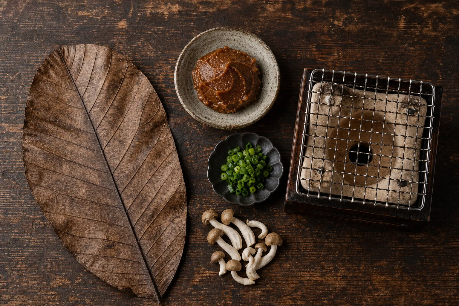 Sweet miso mixed with green onion and mushrooms mounded on a dried magnolia leaf, ready to grill over a small burner
