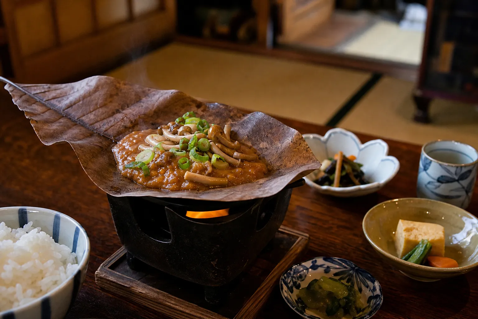 A tabletop burner at a Hida-Takayama ryokan breakfast with sweet miso grilling on a magnolia leaf beside a bowl of rice