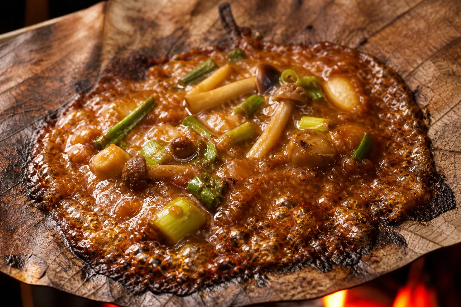 Close-up of sweet miso bubbling and caramelizing at the edges on a grilled magnolia leaf, flecked with green onion