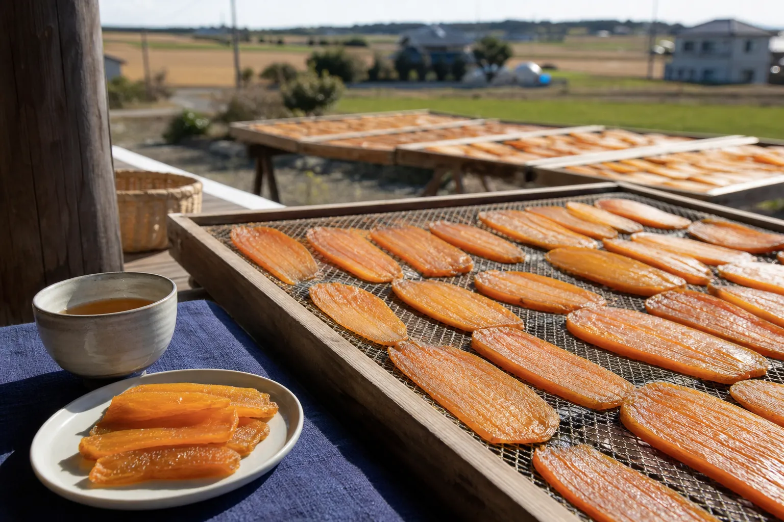 Hoshi-imo drying and served in a typical Ibaraki setting
