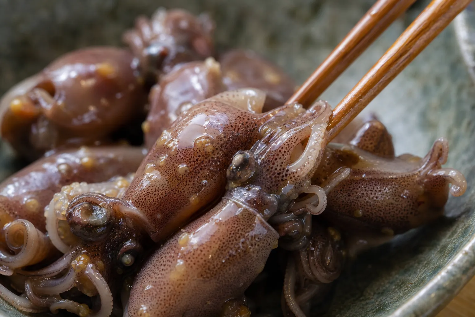 Close-up of boiled firefly squid dressed in sweet vinegar-miso sumiso