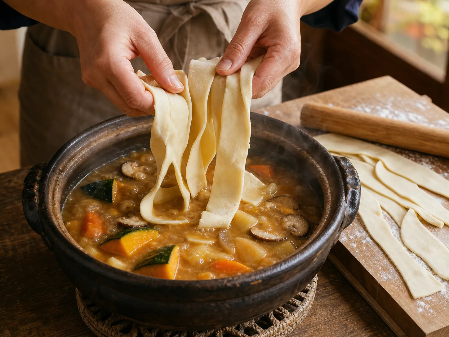 Hoto ingredients including wide flat noodles and kabocha pumpkin